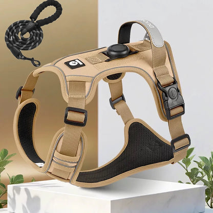 Dog Harness with Airtag Holder and Leash Set-Premium Oxford Breathable Material Durable Reflective Dog Harness and Leash Set
