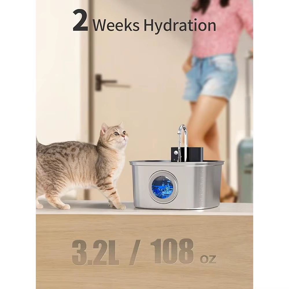 3.2L Wireless Stainless Steel Pet Water Feeder Auto Cat Fountain Faucet Smart Dog Water Dispenser Visual Window Drinking Bowl