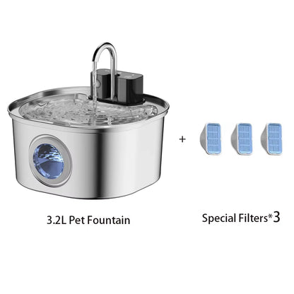 3.2L Wireless Stainless Steel Pet Water Feeder Auto Cat Fountain Faucet Smart Dog Water Dispenser Visual Window Drinking Bowl